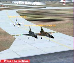 The three MPAI Mirage III planes should have stopped AT the hold-short bars.<br />ALL three aircraft ignore the hold-short node, stop just short of the runway and hence merge together.
